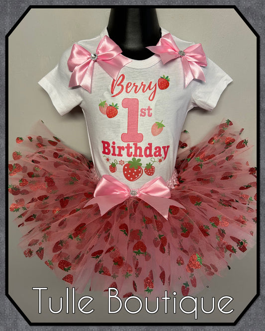 Girls Berry first birthday glitter strawberry tutu birthday party outfit