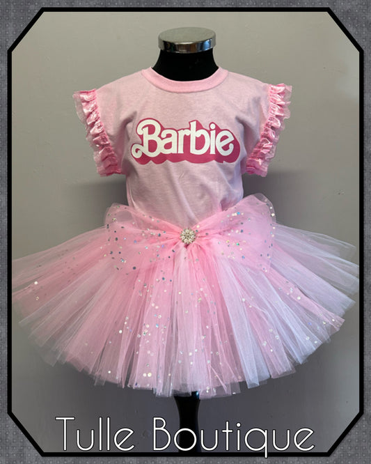 Baby pink and white Barbie girl T-shirt and tutu birthday party outfit