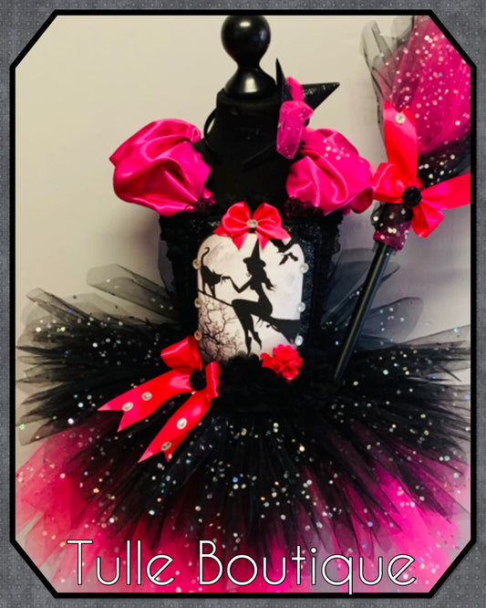 Girls Halloween Witch on a broom tutu dress hotpink and black