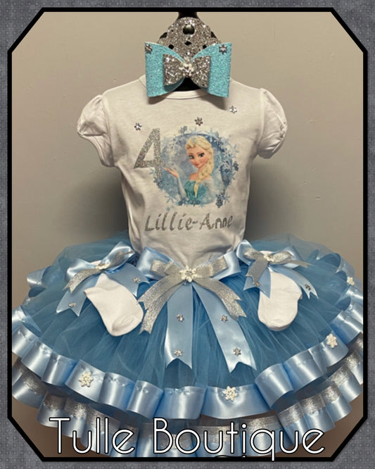 Frozen princess Elsa ribbon trimmed tutu birthday party outfit